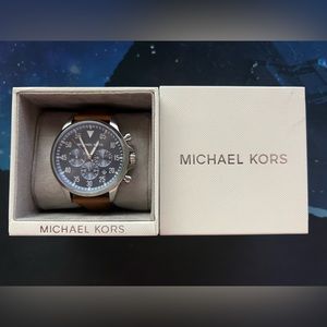 NWT! Michael Kors Gage 44mm Steel Chronograph Blue Dial Leather Quartz Watch